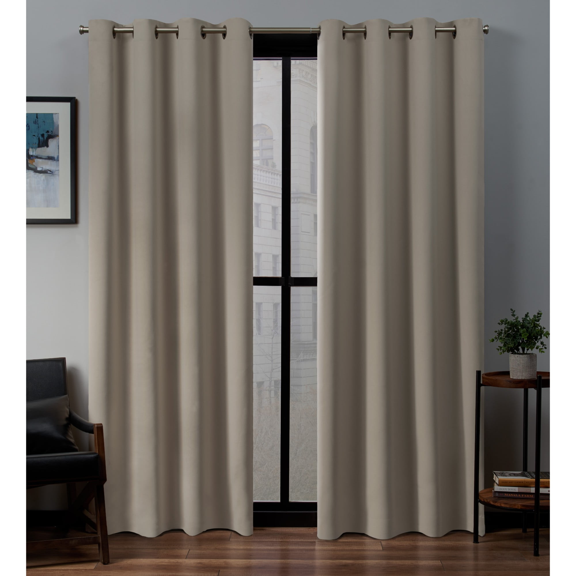 Exclusive Home Sateen Twill Woven Room Darkening Blackout Grommet Top Curtain Panel Pair, 52"x108", Stone