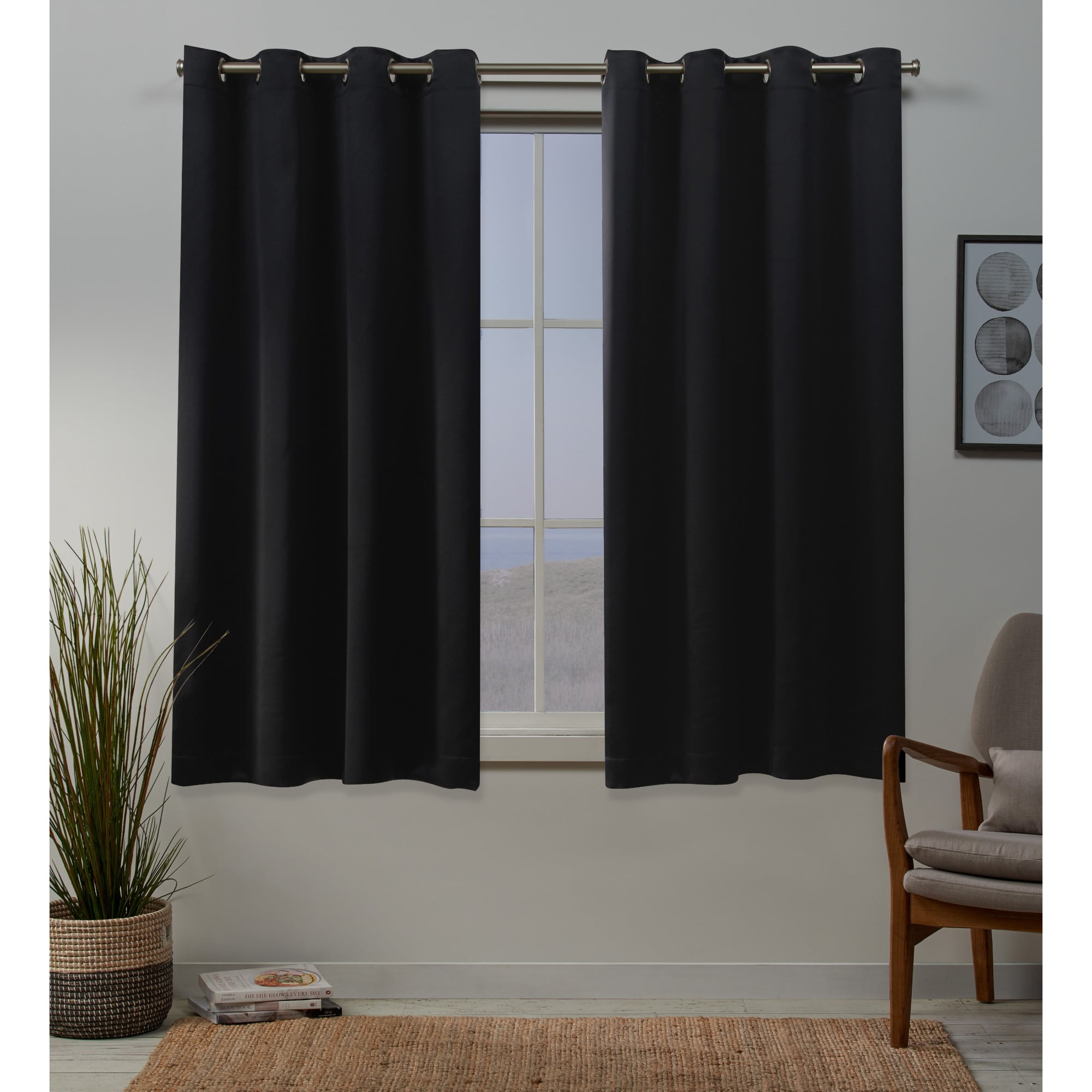 Black Sateen Twill Blackout Grommet Curtain Panels, 52" x 63"