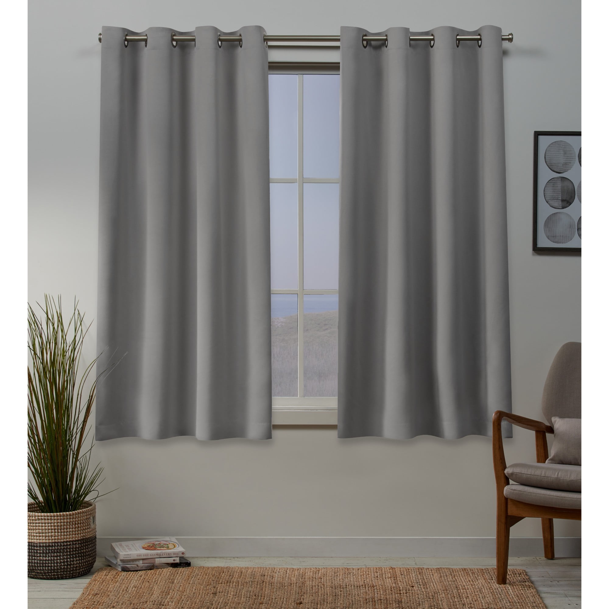 Veridian Grey Sateen Blackout Grommet Top Curtain Panels, 52"x63"