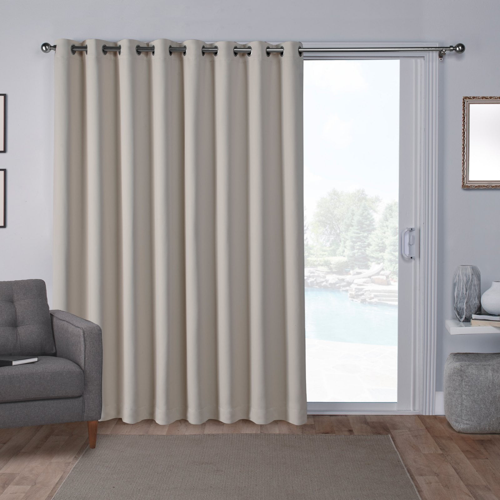 Exclusive Home Sateen Twill Woven Room Darkening Blackout Wide Patio Grommet Top Single Curtain Panel, 100"x84", Linen