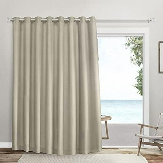 Exclusive Home Sateen Twill Woven Room Darkening Blackout Wide Patio Grommet Top Single Curtain Panel, 100"x96", Linen