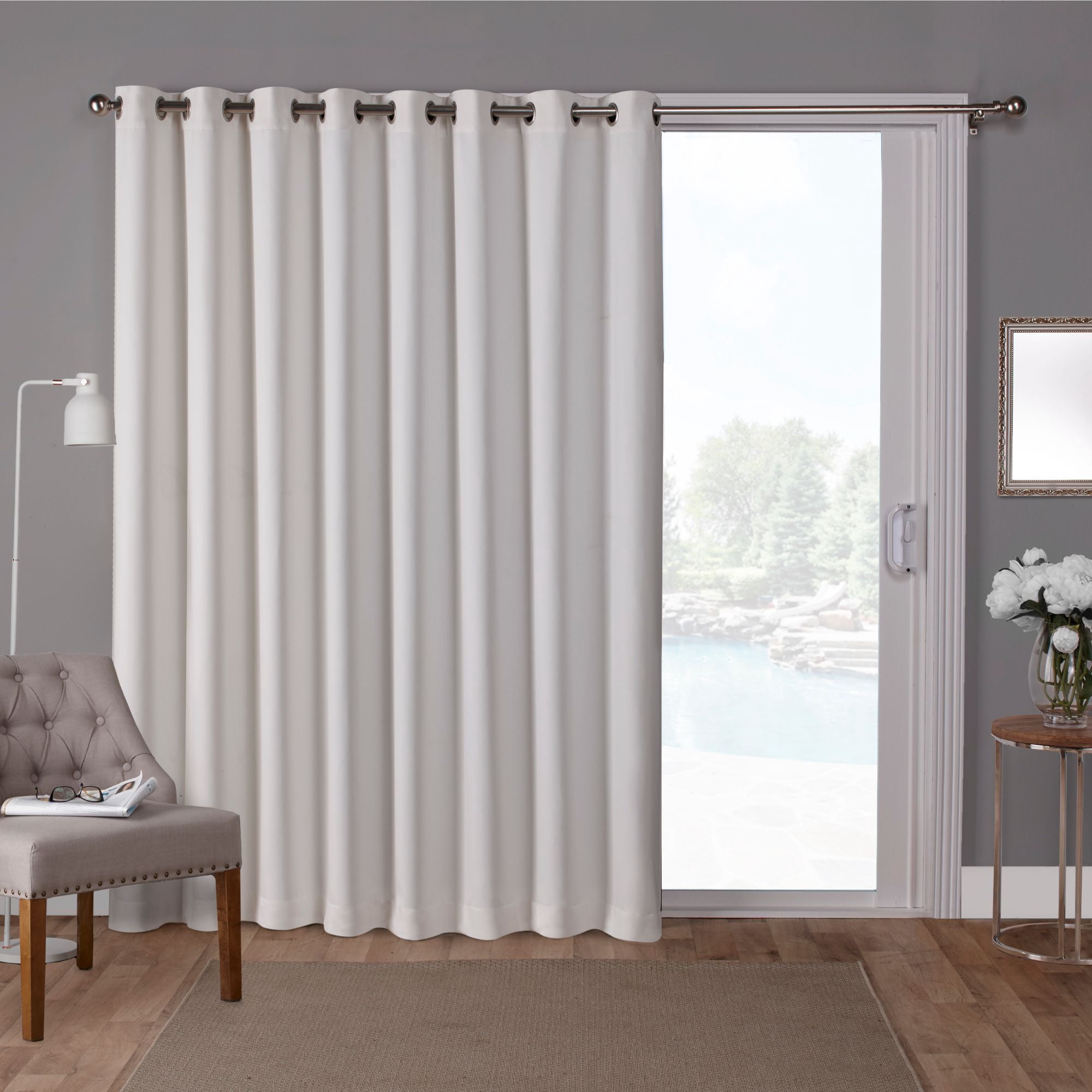 Exclusive Home Sateen Twill Woven Room Darkening Blackout Wide Patio Grommet Top Single Curtain Panel, 100"x96", Vanilla
