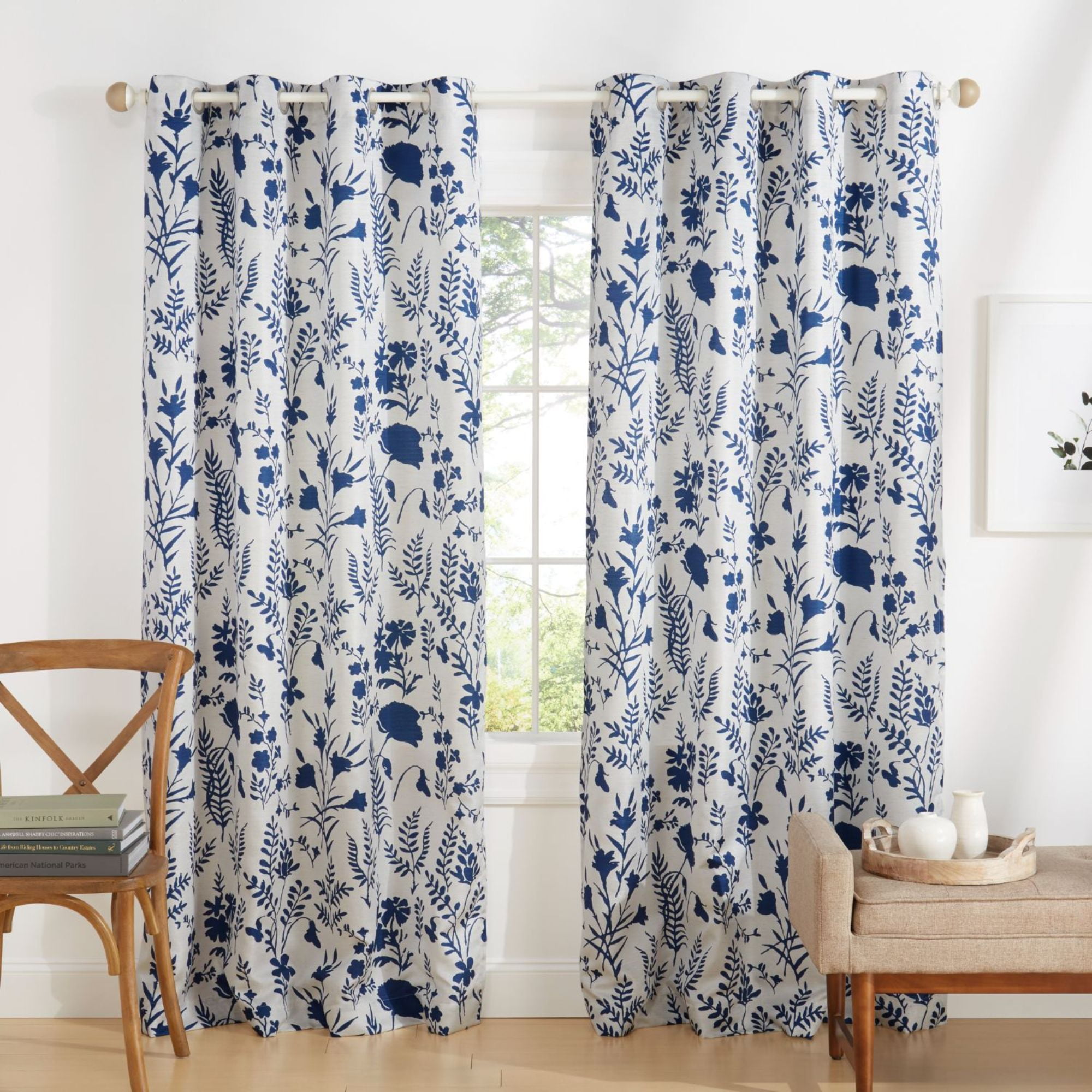 Indigo Floral Light Filtering Grommet Top Curtain Panels, 54"x96", Set of 2