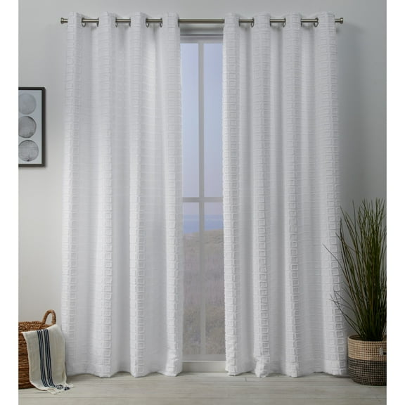 Exclusive Home Squared Embellished Grommet Top Curtain Panel Pair, 54"x96", White