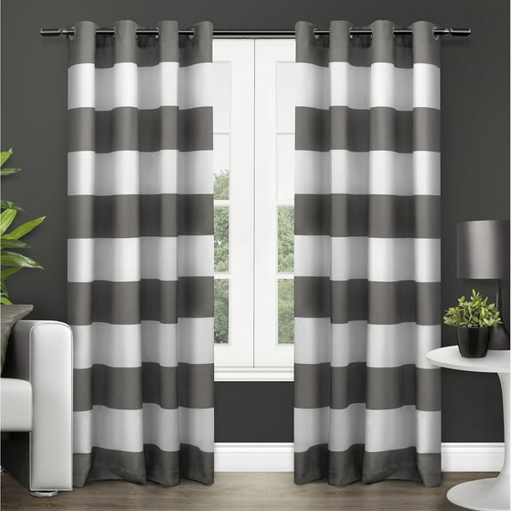 Exclusive Home Surfside Cabana Stripe Cotton-Rich Grommet Top Light Filtering Curtain Panel Pair, 54"x84", Black Pearl