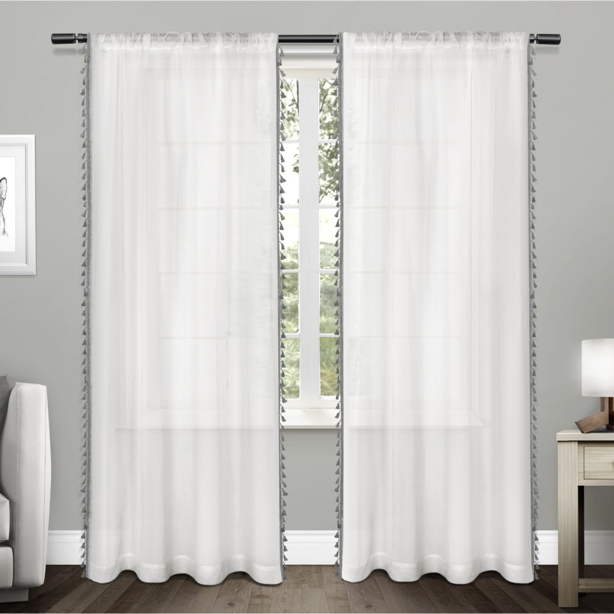 Exclusive Home Tassels Embellished Sheer Rod Pocket Curtain Panel Pair, 54"x108", Black Pearl