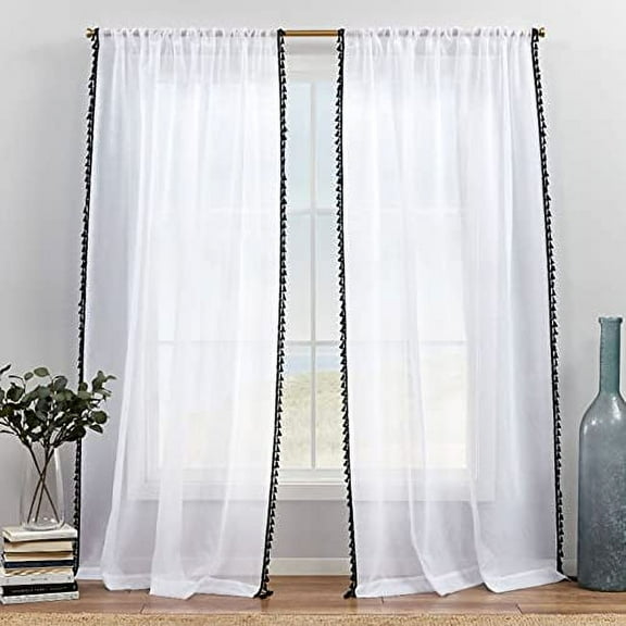 Exclusive Home Tassels Embellished Sheer Rod Pocket Curtain Panel Pair, 54"x84", Black