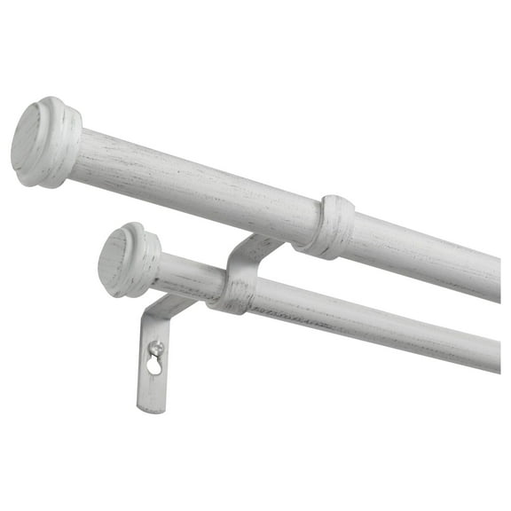 Exclusive Home Topper Double Curtain Rod and Finial Set, Distressed White, 66"-120"