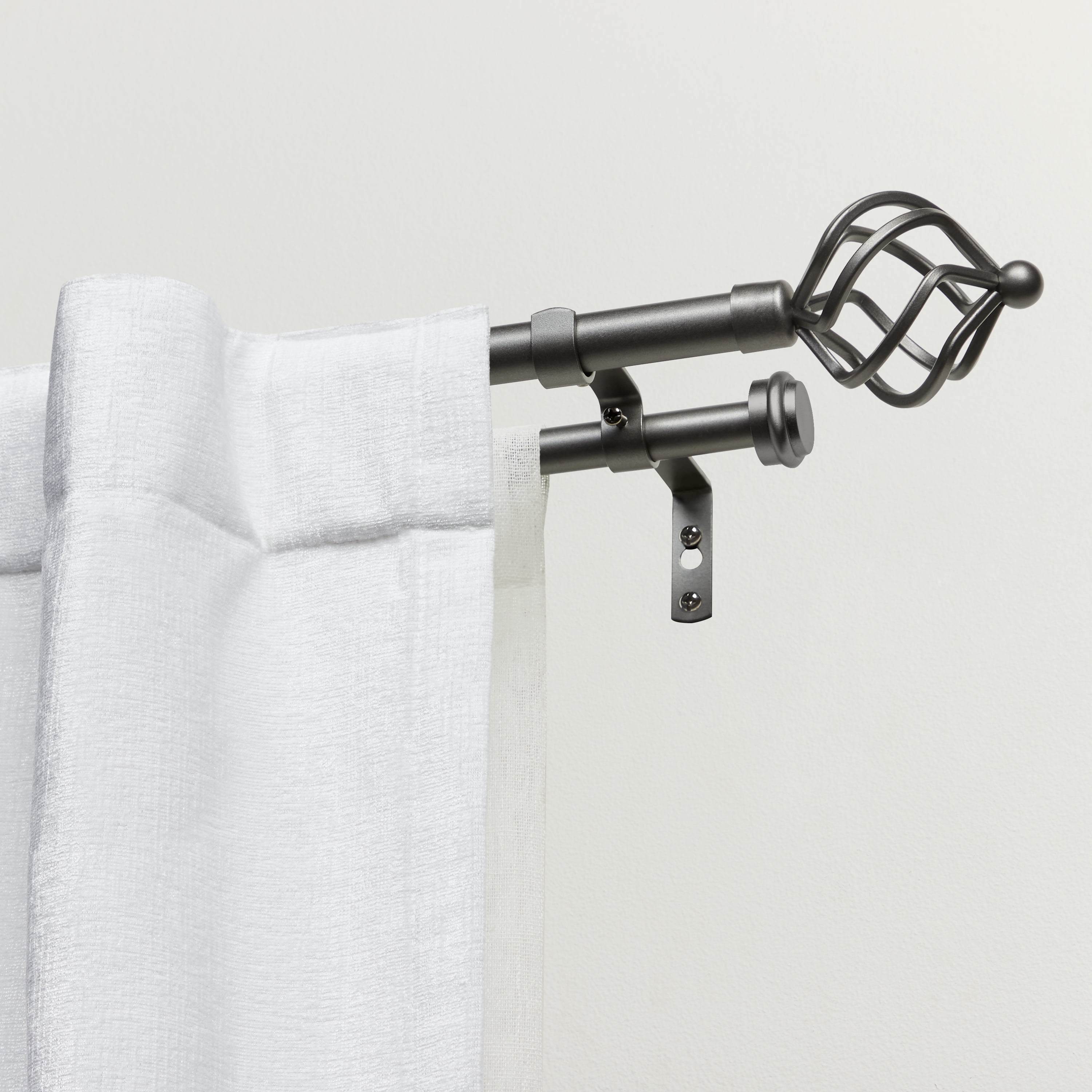 Gunmetal Double Curtain Rod with Twisted Iron Finials, 36"-72"