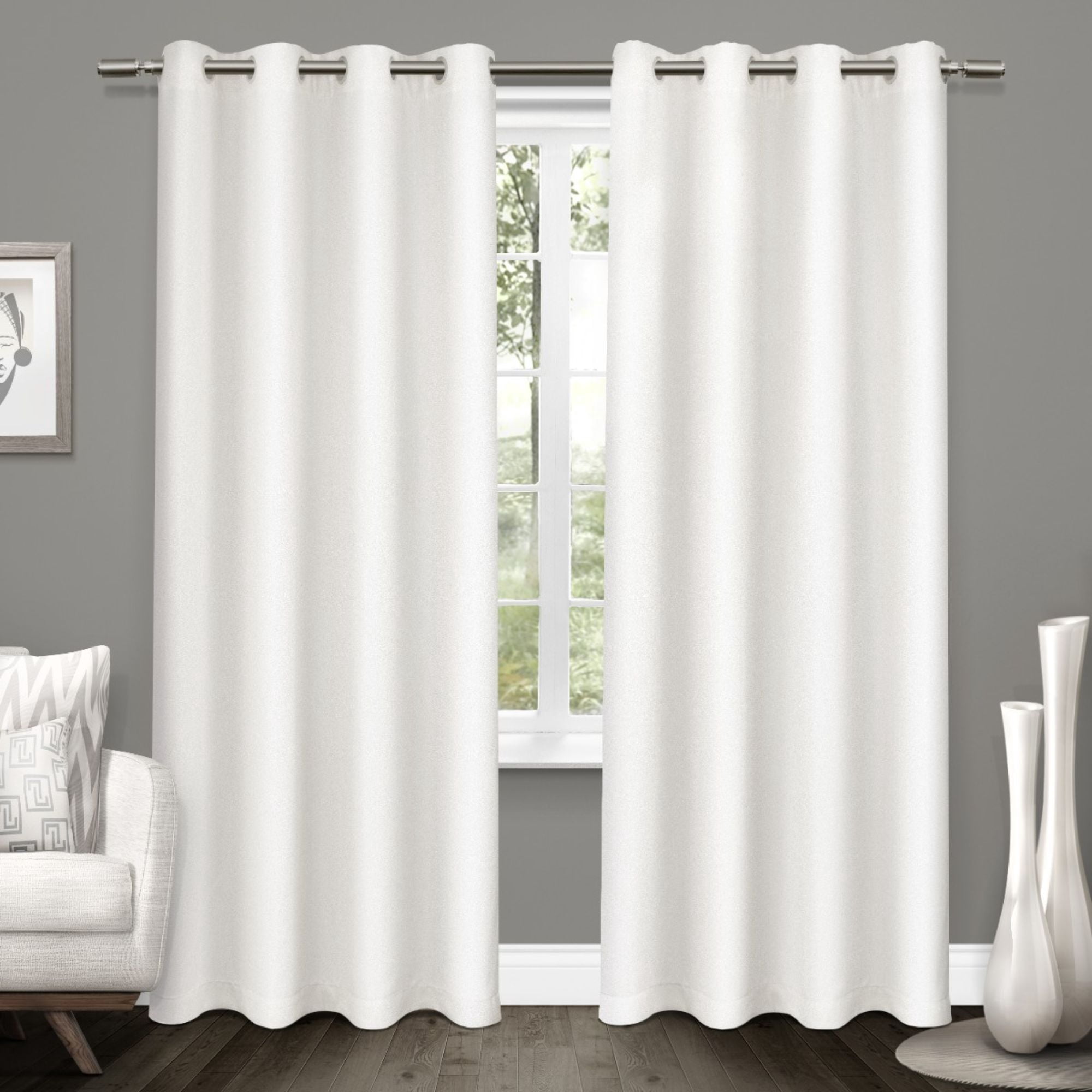 Exclusive Home Tweed Textured Linen Room Darkening Blackout Grommet Top Curtain Panel Pair, 52"x96", Winter White