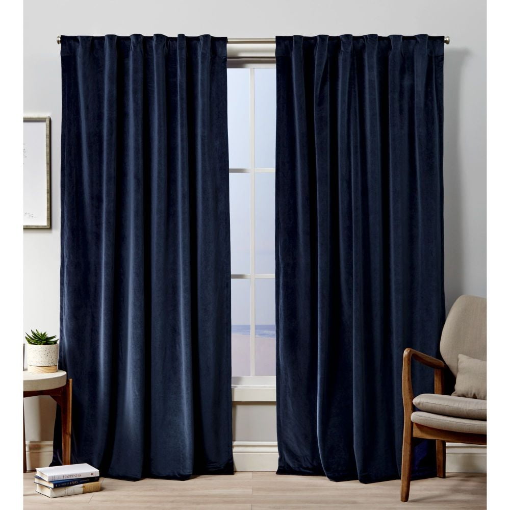 Navy Plush Velvet Light-Filtering Pleated Window Panel Pair