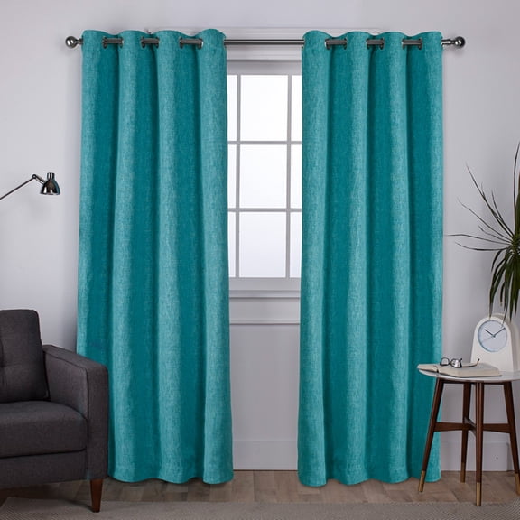 Exclusive Home Vesta Heavyweight Textured Linen Room Darkening Blackout Grommet Top Curtain Panel Pair, 52"x108", Teal