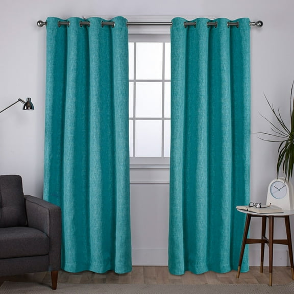 Exclusive Home Vesta Heavyweight Textured Linen Room Darkening Blackout Grommet Top Curtain Panel Pair, 52"x84", Teal