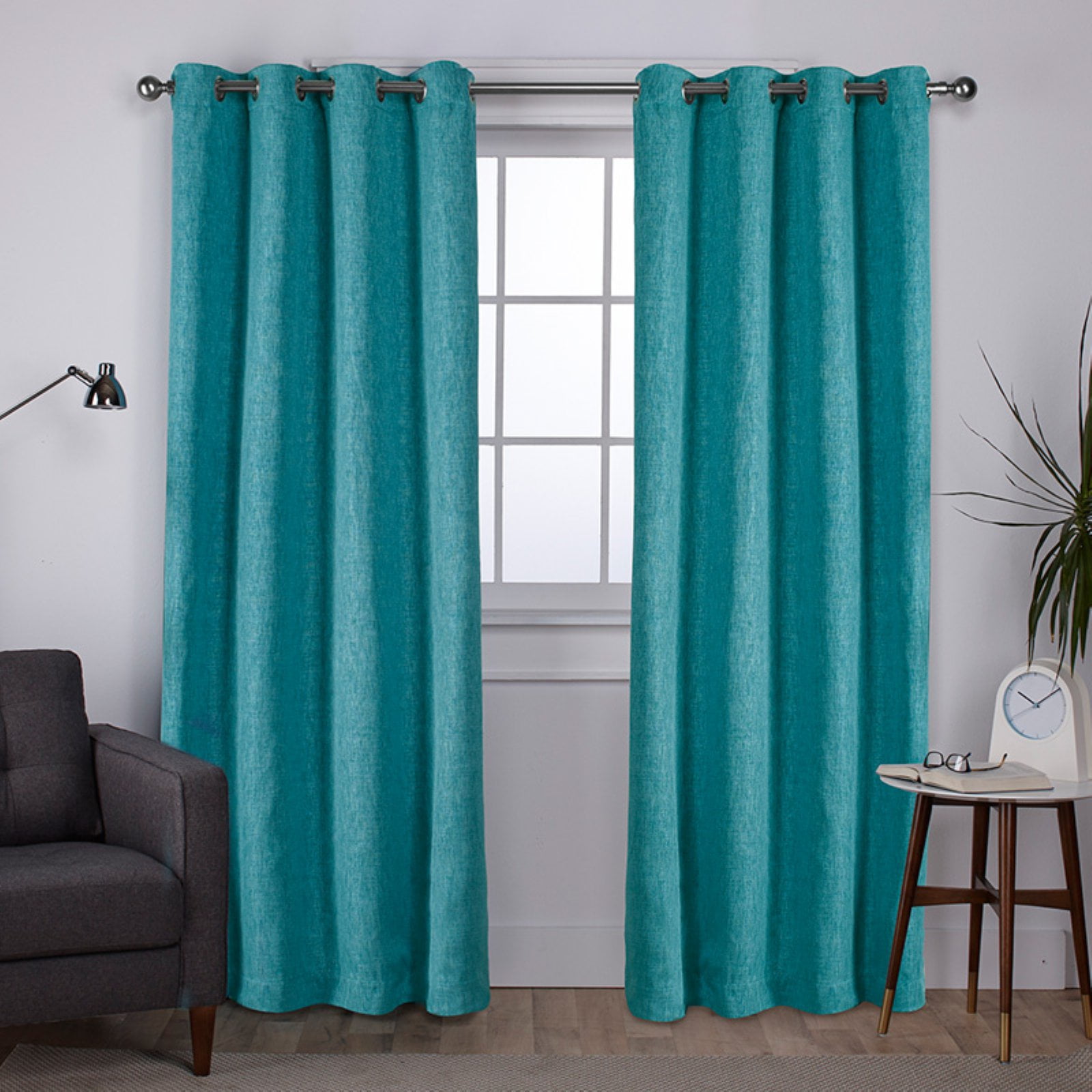 Exclusive Home Vesta Heavyweight Textured Linen Room Darkening Blackout Grommet Top Curtain Panel Pair, 52"x96", Teal