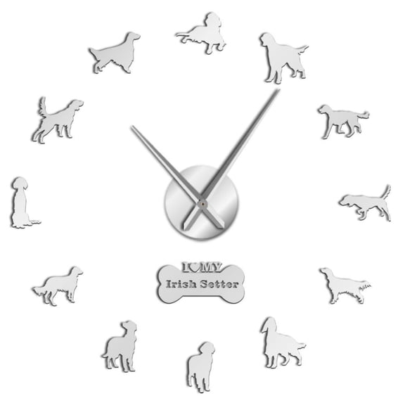 Exclusive Irish Setter DIY Large Mirror Effect Wall Clock 3D Dog Breed Ornament Quartz Clock Battery Operated Acrylic Sticker(Silver,47inch)