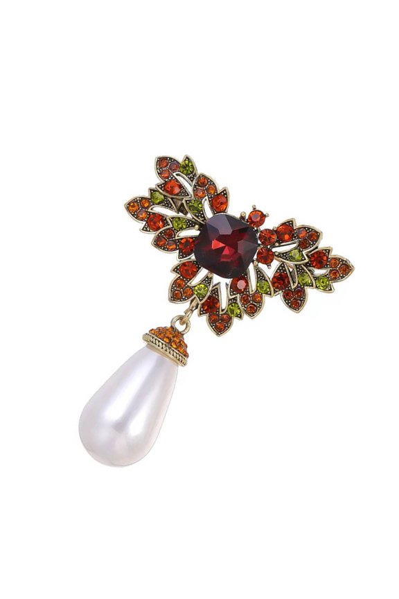 Exclusive Pearls Red Green Stone Brooch High End Alloy Design Lapel Pin Accessory