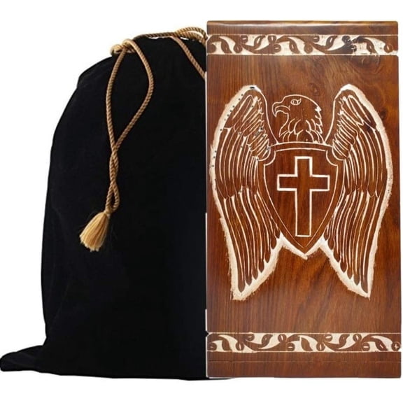 Exclusive Solid Rosewood Urn, Handcarved Wood Urn - Large Cremation Urn, Wooden Urn with Free Bag (Eagle)