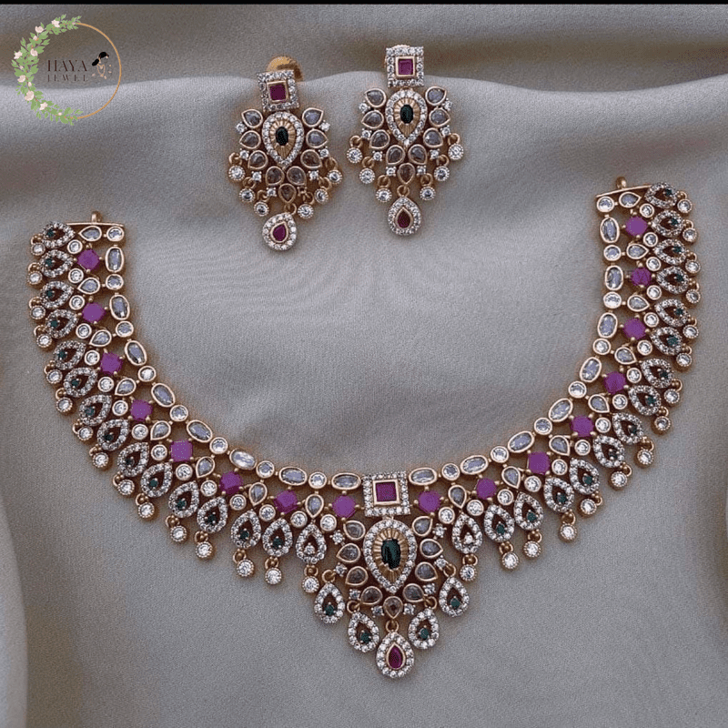 HAYAJEWEL Exclusive South Indian 22K Gold Plated Choker Necklace Design | Rani Pink Green & White Real Kemp Stone Necklace Design | Short Necklace