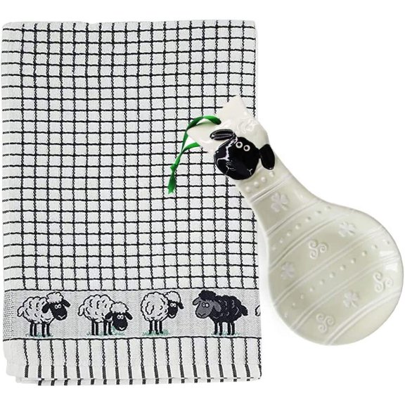 Exclusively Irish Kitchen Set Sheep of 1 Woolly Ware Spoon Rest and 1 Poli Dry Tea Towel Irish Sheep Design