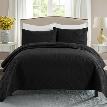 Exclusivo Mezcla Black Twin Quilt Set, Square Pattern Ultrasonic Lightweight Bedspreads, Soft Coverlets Bedding Set with Pillow Sham