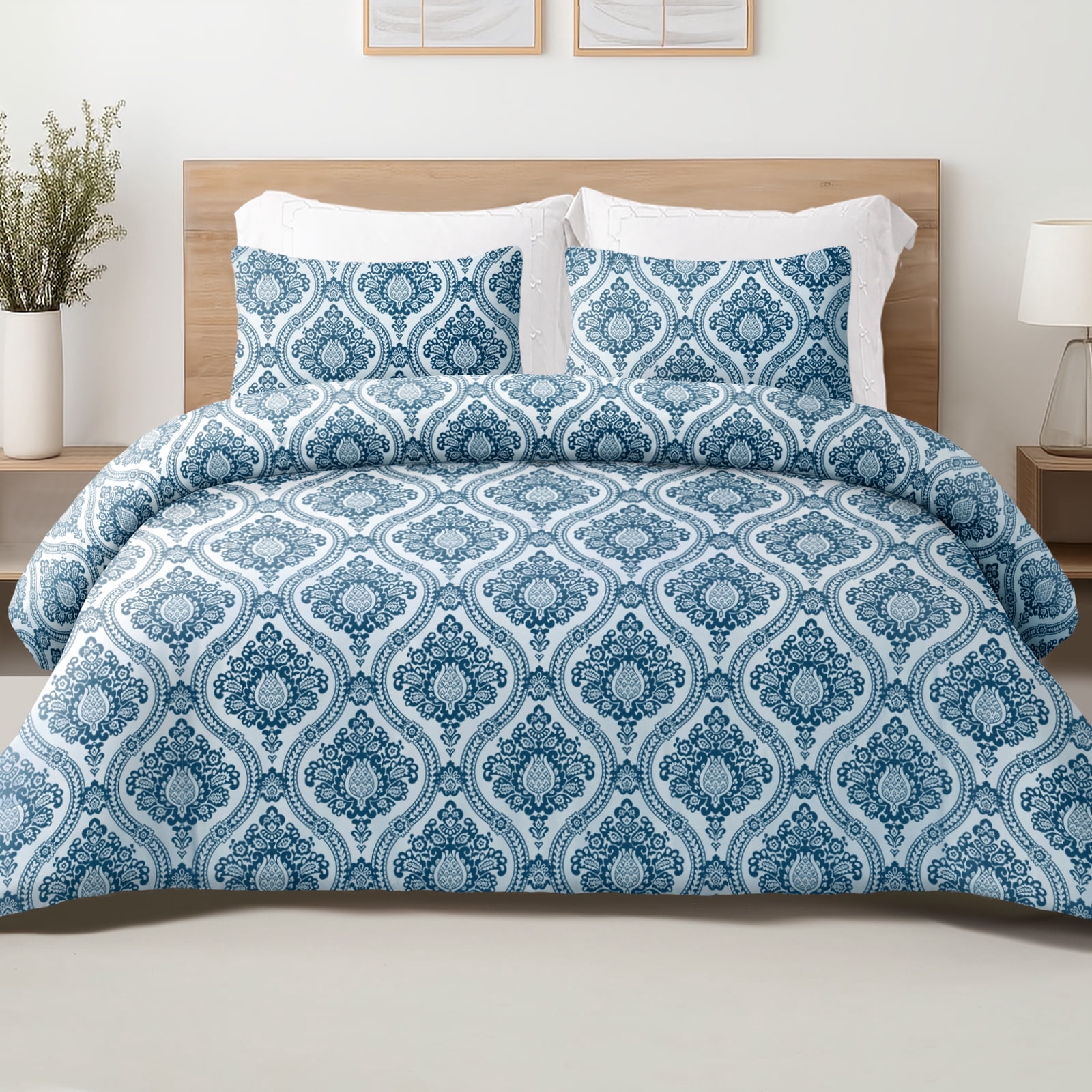 Exclusivo Mezcla 2-Piece Boho Damask Twin Comforter Set, Microfiber Bedding Down Alternative Comforter for All Seasons with 1 Pillow Sham, Navy Blue