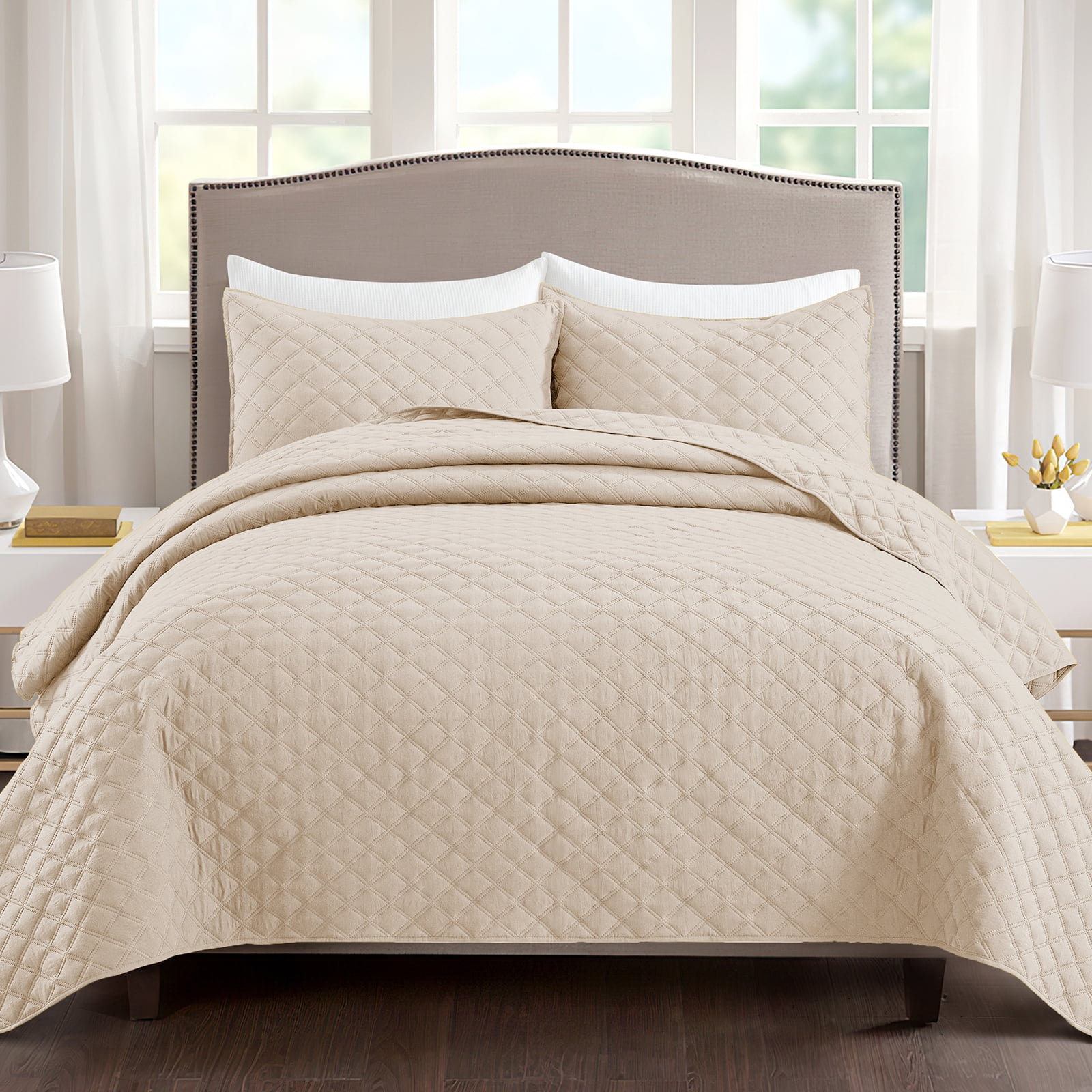 Exclusivo Mezcla Brich Beige Twin Quilt Set, Box Pattern Ultrasonic