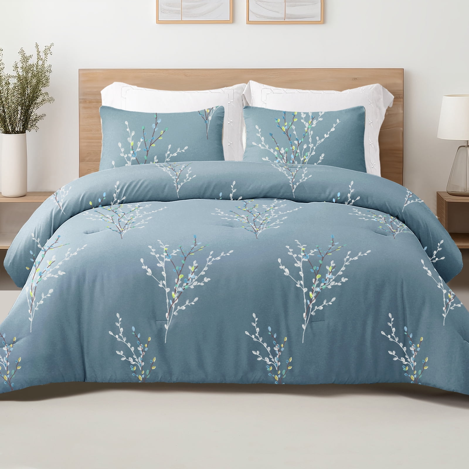Exclusivo Mezcla 2-Piece Floral Twin Comforter Set, Microfiber Bedding Down Alternative Comforter for All Seasons with 1 Pillow Sham, Blue