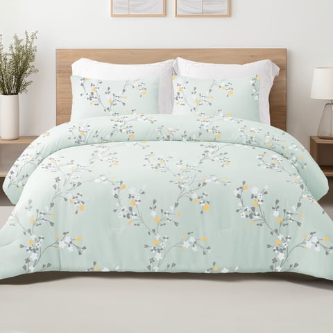 Exclusivo Mezcla 2-Piece Floral Twin Comforter Set, Microfiber Bedding Down Alternative Comforter for All Seasons with 1 Pillow Sham, Light Green