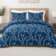 Exclusivo Mezcla 2-Piece Floral Twin Comforter Set, Microfiber Bedding Down Alternative Comforter for All Seasons with 1 Pillow Sham, Navy