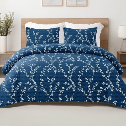 Exclusivo Mezcla 2-Piece Floral Twin Comforter Set, Microfiber Bedding Down Alternative Comforter for All Seasons with 1 Pillow Sham, Navy