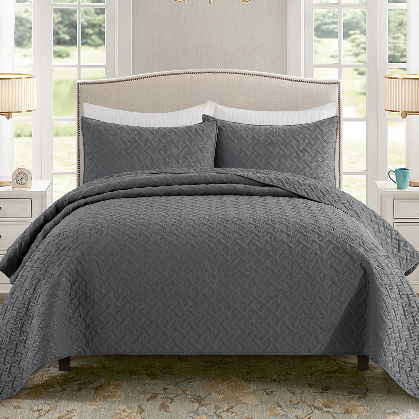 Exclusivo Mezcla 3 Piece Gray King Size Quilt Set Weave Pattern