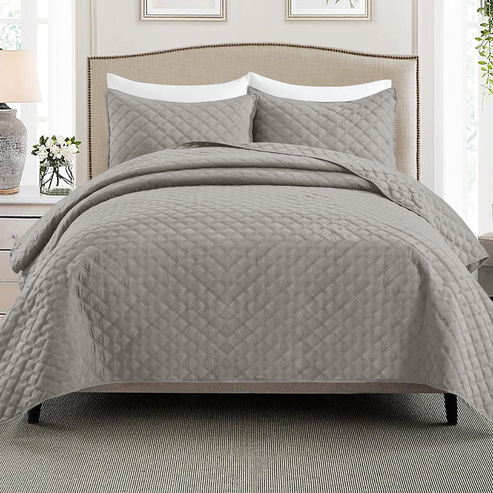 Exclusivo Mezcla Light Gray Twin Quilt Set, Box Pattern Ultrasonic