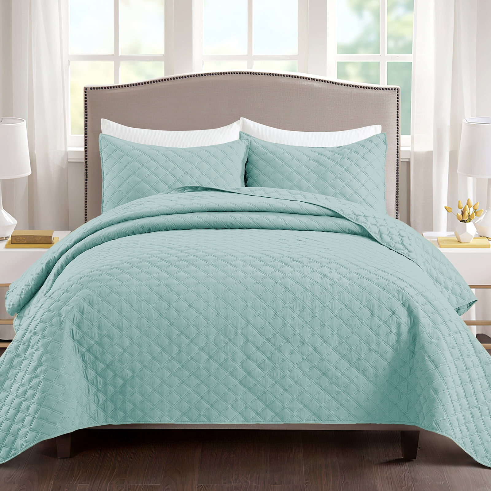 Exclusivo Mezcla 3Piece Aqua Queen Size Quilt Set, Box Pattern