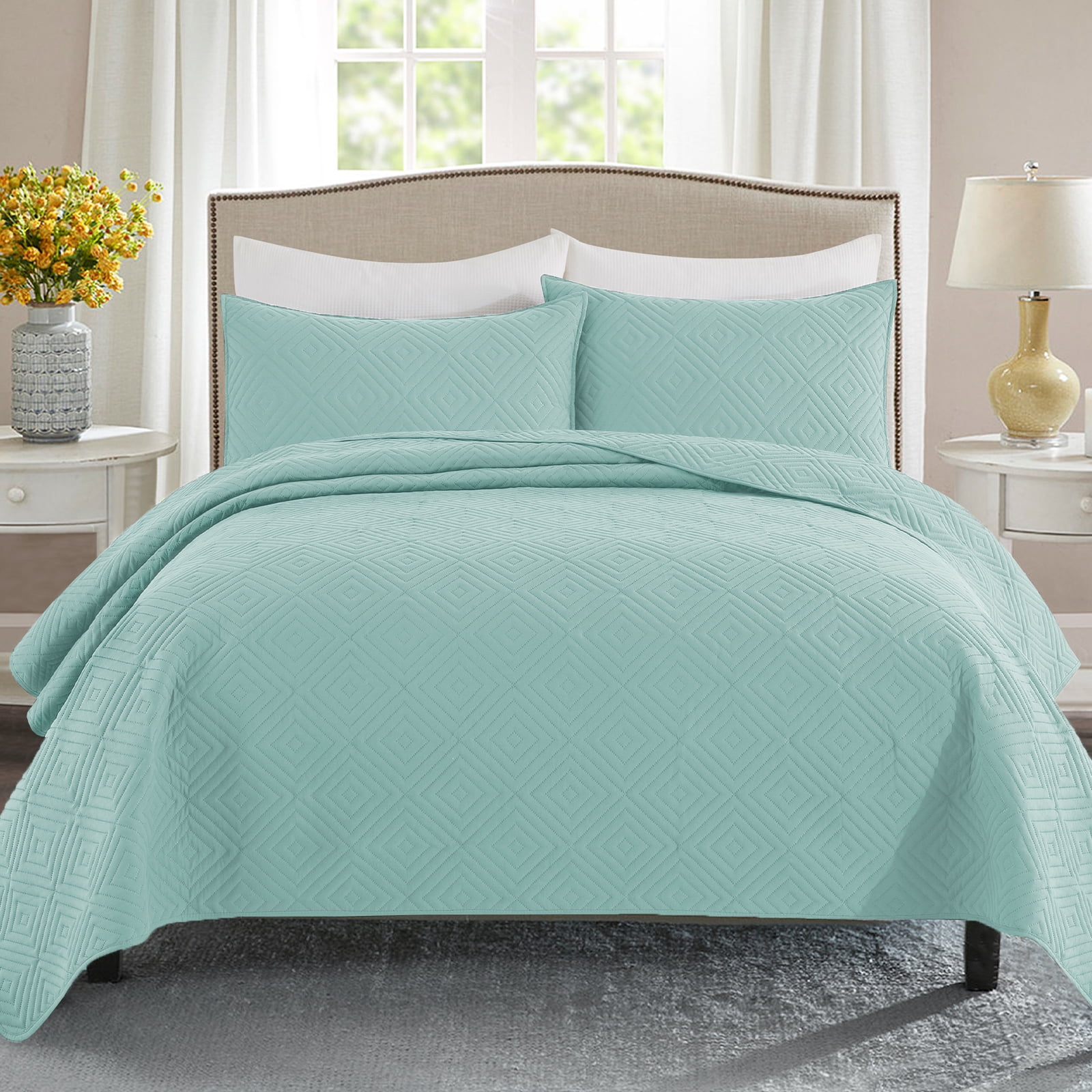 Exclusivo Mezcla Aqua Queen Quilt Set, Square Pattern Ultrasonic