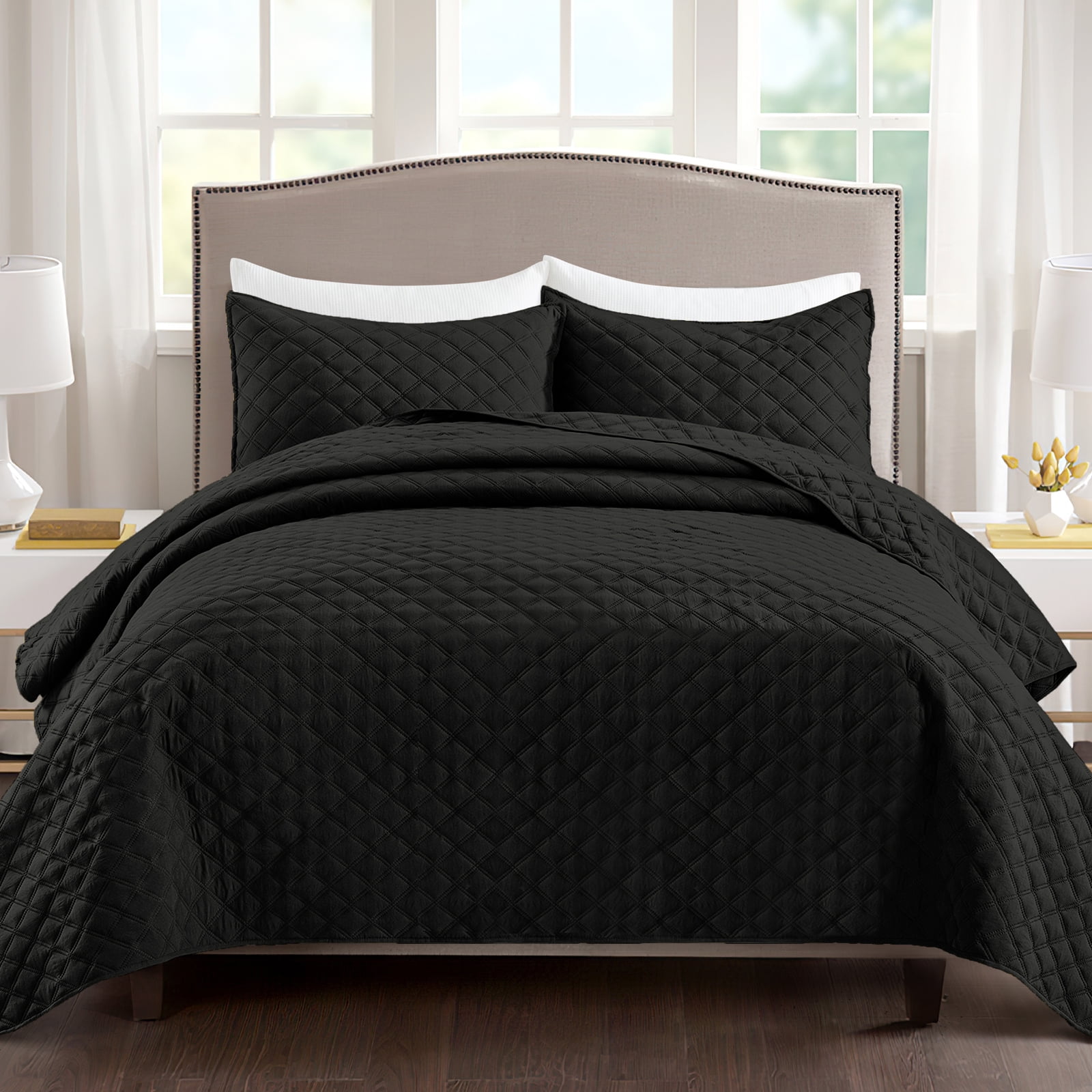 Exclusivo Mezcla Black Queen Quilt Set, Box Pattern Ultrasonic