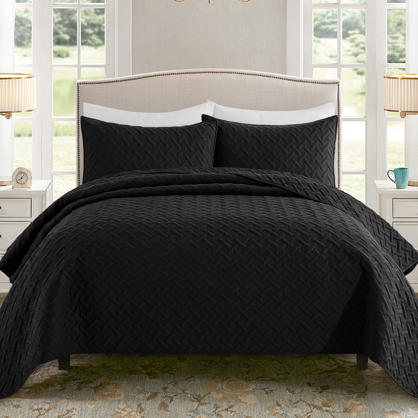 Exclusivo Mezcla Black Queen Quilt Set, Weave Pattern Ultrasonic