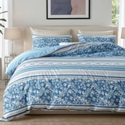 Exclusivo Mezcla 3-Piece Boho Striped Queen Size Comforter Set, Microfiber Bedding Down Alternative Comforter for All Seasons with 2 Pillow Shams, Blue