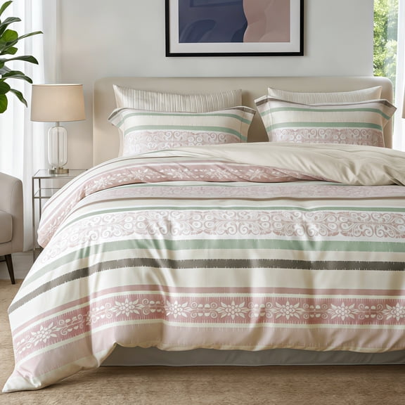 Exclusivo Mezcla 3-Piece Boho Striped Queen Size Comforter Set, Microfiber Bedding Down Alternative Comforter for All Seasons with 2 Pillow Shams, Pink