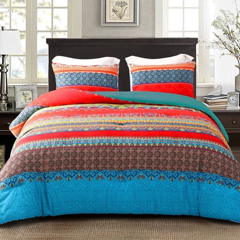 Exclusivo Mezcla 3-Piece Bohomian Queen Comforter Set, Microfiber Bedding Down Alternative Comforter for All Seasons with 2 Pillow Shams, Boho Blue