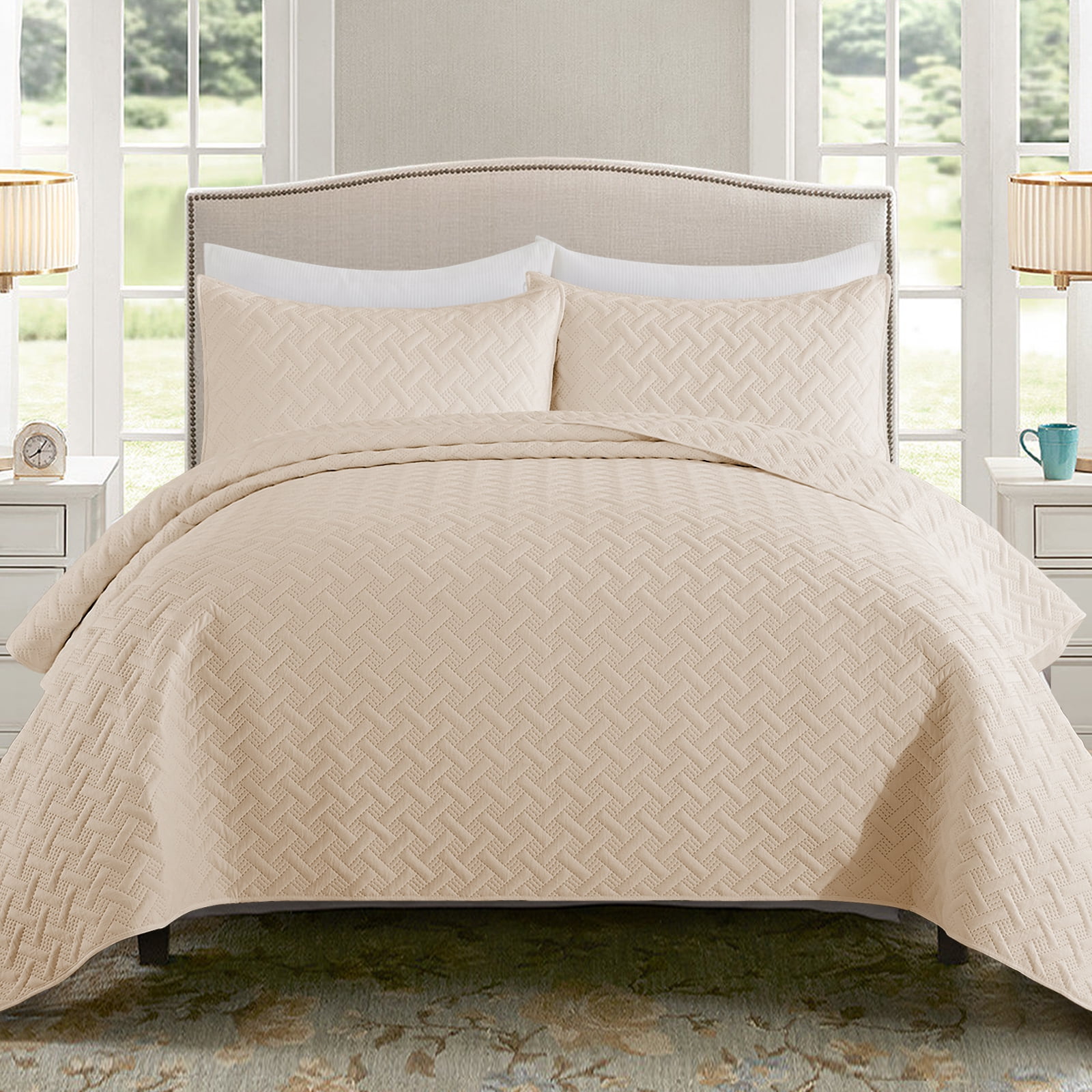 Exclusivo Mezcla Brich Beige Queen Quilt Set, Weave Pattern Ultrasonic