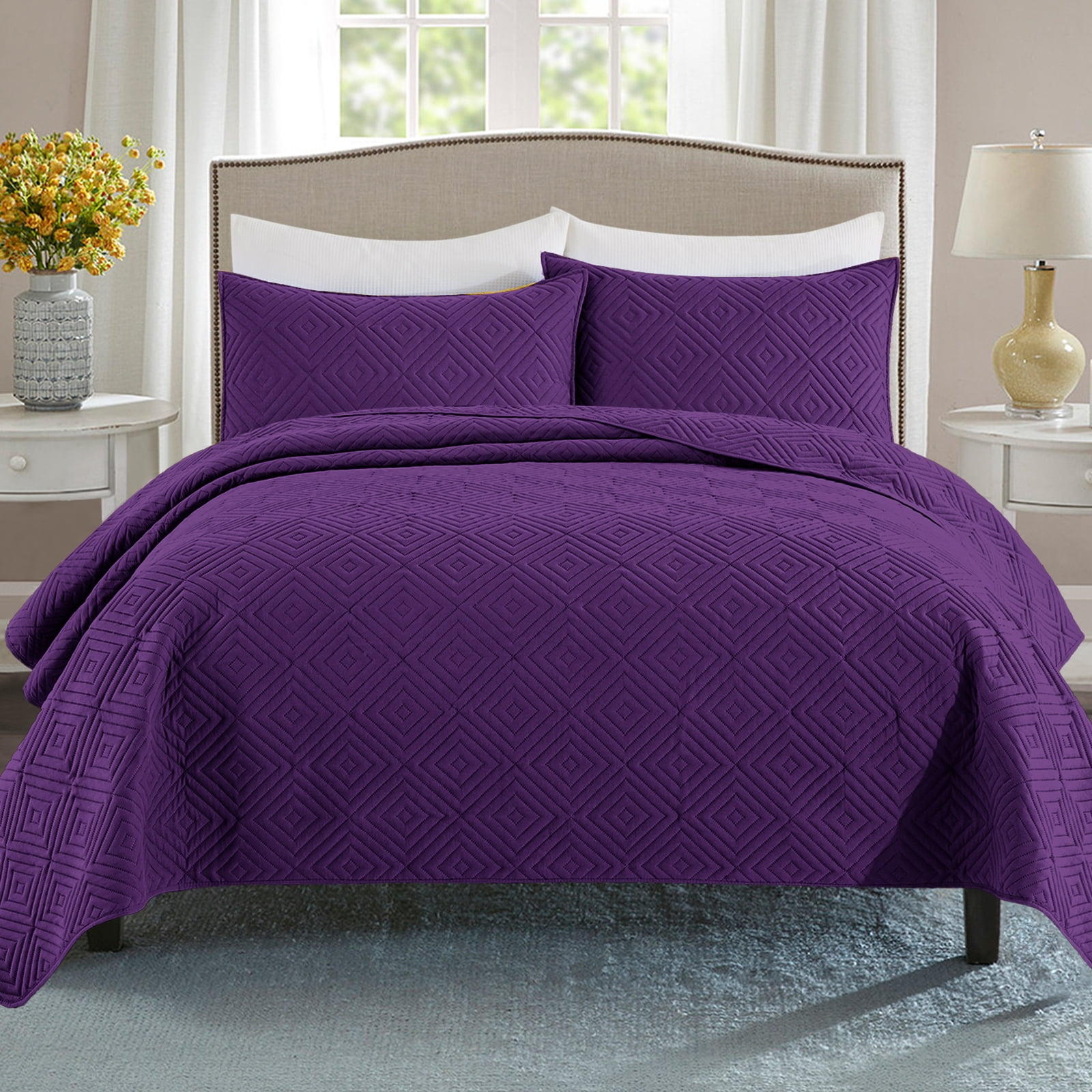 Exclusivo Mezcla 3Piece Deep Purple King Size Quilt Set, Square