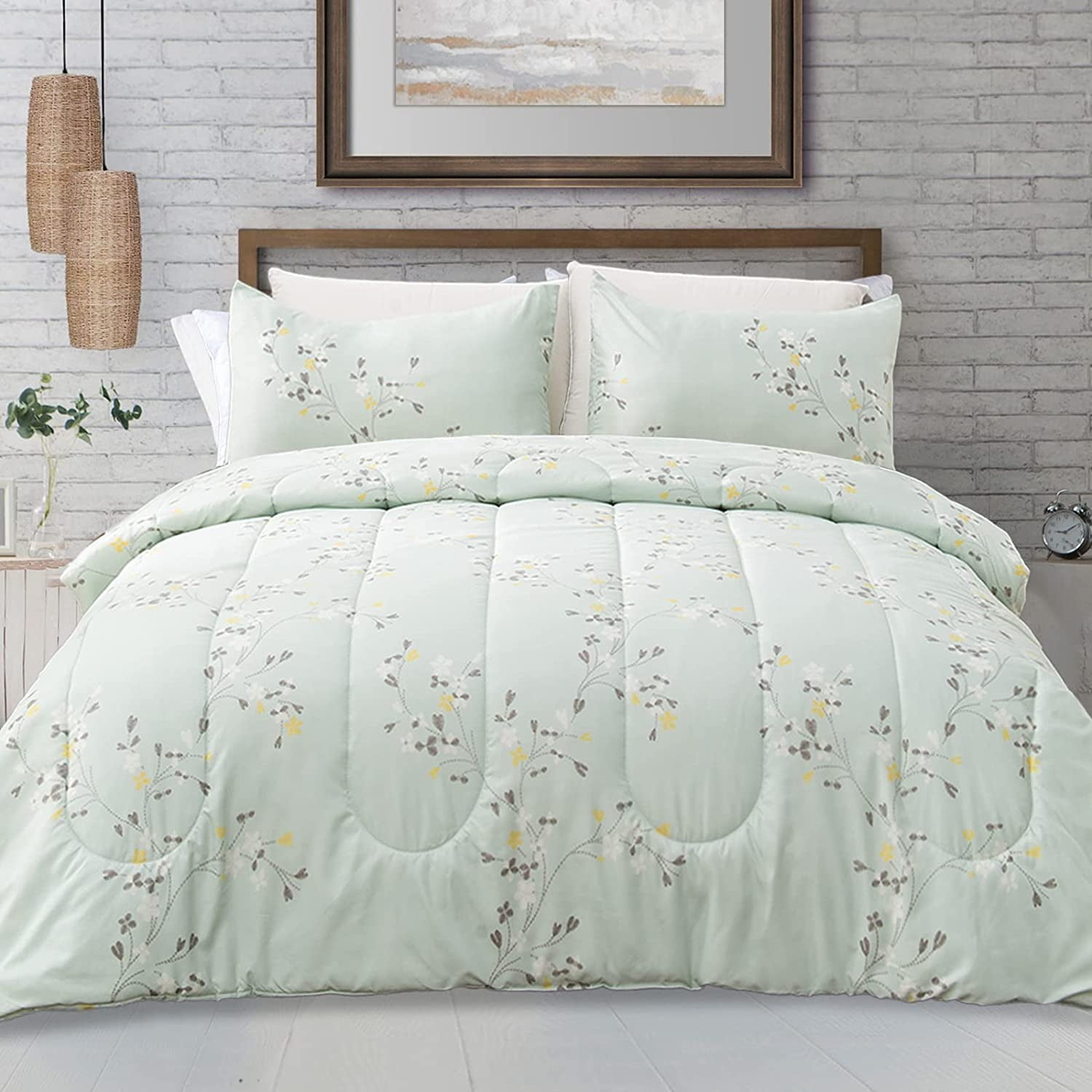 Luxudecor Floral Comforter Set Queen Size Green Floral Pattern Bedding  Comforter Soft Microfiber 7 Pieces Bed in a Bag (1 Comforter, 2 Pillow  Shams, 1