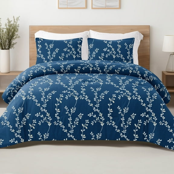 Exclusivo Mezcla 3-Piece Floral King Size Comforter Set, Microfiber Bedding Down Alternative Comforter for All Seasons with 2 Pillow Shams, Navy