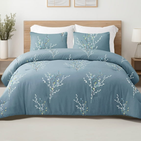Exclusivo Mezcla 3-Piece Floral Queen Comforter Set, Microfiber Bedding Down Alternative Comforter for All Seasons with 2 Pillow Shams, Blue