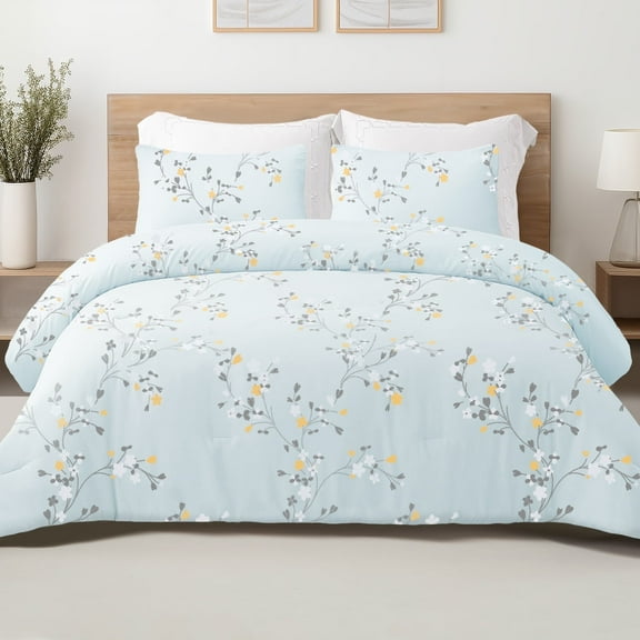 Exclusivo Mezcla 3-Piece Floral Queen Comforter Set, Microfiber Bedding Down Alternative Comforter for All Seasons with 2 Pillow Shams, Light Blue