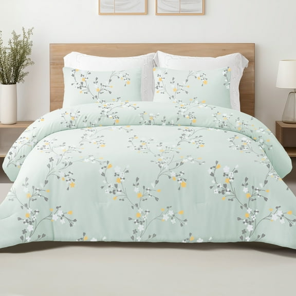 Exclusivo Mezcla 3-Piece Floral Queen Comforter Set, Microfiber Bedding Down Alternative Comforter for All Seasons with 2 Pillow Shams, Light Green