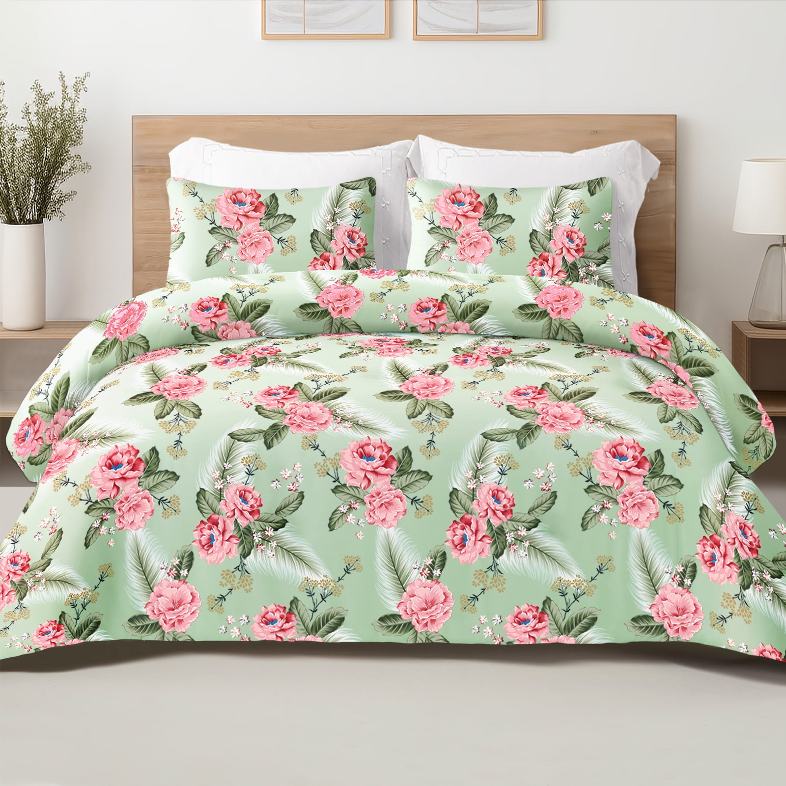 Exclusivo Mezcla 3-Piece Floral Queen Comforter Set, Microfiber Bedding Down Alternative Comforter for All Seasons with 2 Pillow Shams, Pink