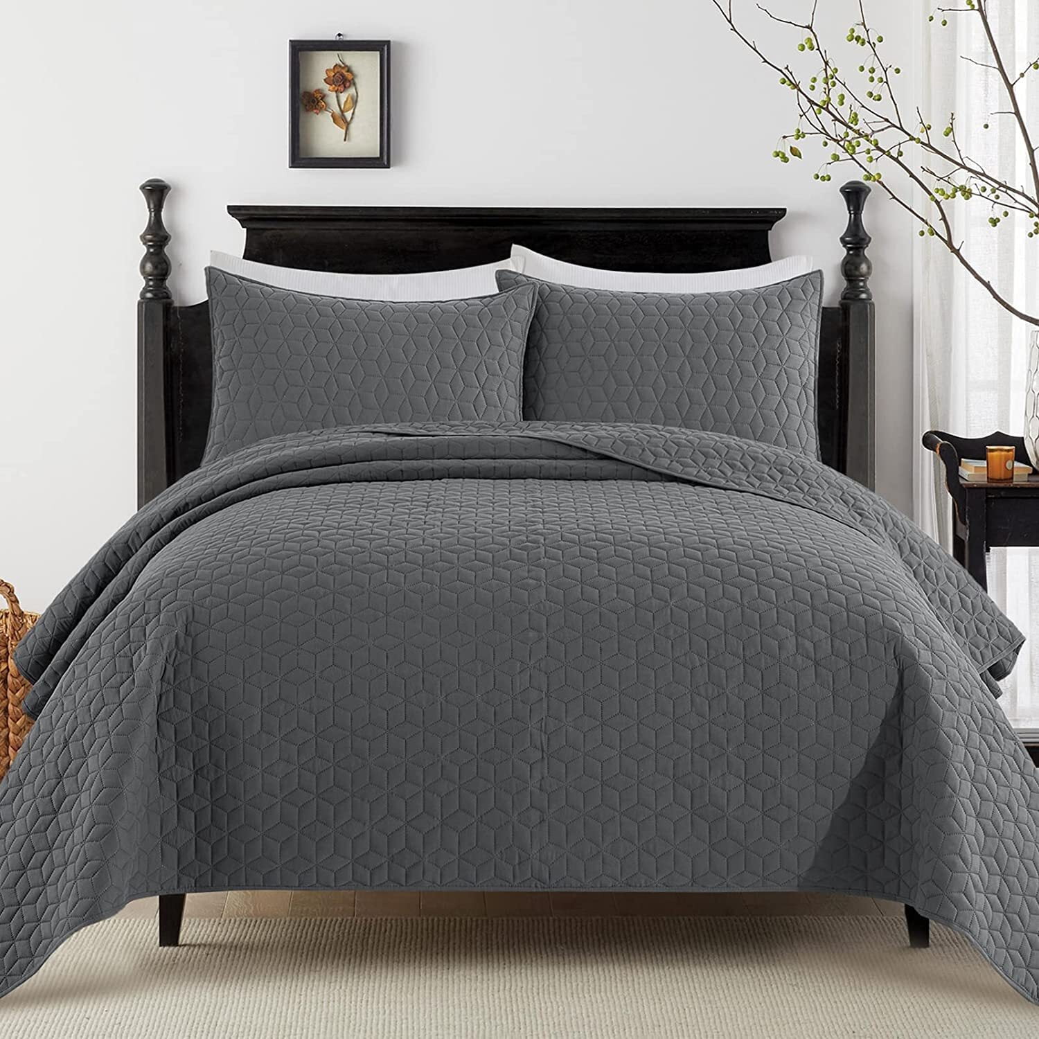 Exclusivo Mezcla 3Piece Gray King Size Quilt Set, Diamond Pattern