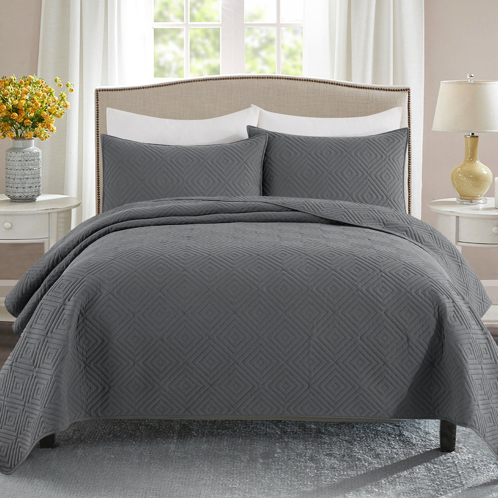 Exclusivo Mezcla Gray King Quilt Set, Square Pattern Ultrasonic ...