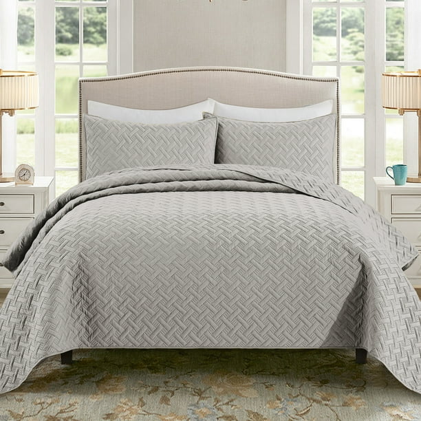 Exclusivo Mezcla 3Piece Light Gray King Size Quilt Set, Weave Pattern